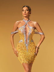 Krythos Halterneck Crystal Mesh Mini Dress In Chartreuse