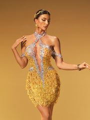 Krythos Halterneck Crystal Mesh Mini Dress In Chartreuse