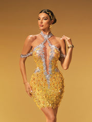 Krythos Halterneck Crystal Mesh Mini Dress In Chartreuse