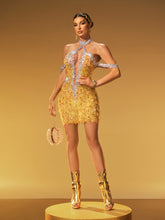 Krythos Halterneck Crystal Mesh Mini Dress In Chartreuse