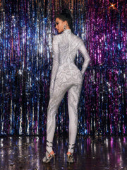 Kryxara High Neck Rhinestone Jumpsuit With Gloves