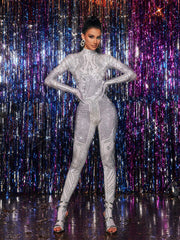 Kryxara High Neck Rhinestone Jumpsuit With Gloves