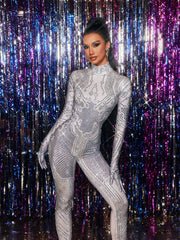 Kryxara High Neck Rhinestone Jumpsuit With Gloves