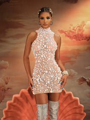 Kunigunde High Neck Pearl Mesh Mini Dress