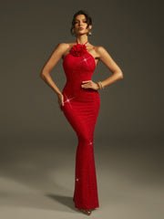 Lalette Halterneck Flower Rhinestone Maxi Dress