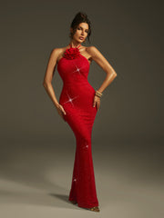 Lalette Halterneck Flower Rhinestone Maxi Dress