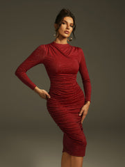 Laquita Long Sleeve Rhinestone Ruched Midi Dress