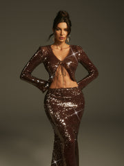 Laraib Sequin Skirt Set In Coffee