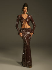 Laraib Sequin Skirt Set In Coffee