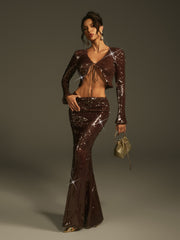 Laraib Sequin Skirt Set In Coffee