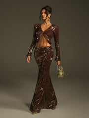 Laraib Sequin Skirt Set In Coffee