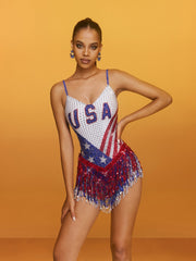 Latoya Spaghetti Rhinestone Printed Bodysuit