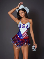 Latoya Spaghetti Rhinestone Printed Bodysuit