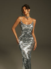 Laurie Spaghetti Sequin Midi Dress In Silver