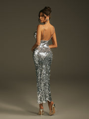 Laurie Spaghetti Sequin Midi Dress In Silver