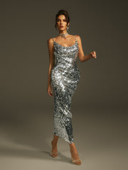 Laurie Spaghetti Sequin Midi Dress In Silver