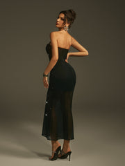 Lenny Strapless Rhinestone Mesh Midi Dress With Gloves