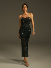 Lenny Strapless Rhinestone Mesh Midi Dress With Gloves