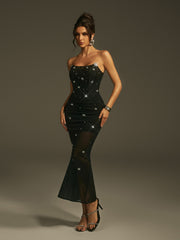 Lenny Strapless Rhinestone Mesh Midi Dress With Gloves