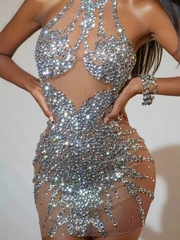 Lexiss Halterneck Rhinestone Mini Dress In Silver