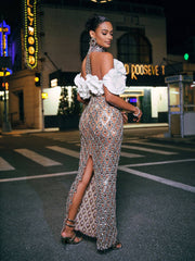 Liora Flower Sequin Crystal Maxi Dress