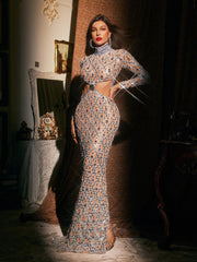 Liora High Neck Embellished Cutout Maxi Dress