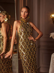 Liora Sequin Crystal Maxi Dress In Gold