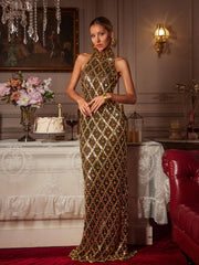 Liora Sequin Crystal Maxi Dress In Gold