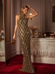 Liora Sequin Crystal Maxi Dress In Gold