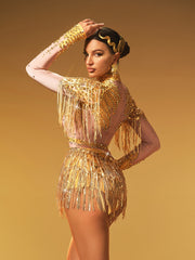 Lorvain Rhinestone Fringe Bodysuit In Gold