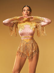 Lorvain Rhinestone Fringe Bodysuit In Gold