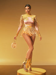 Lorvain Rhinestone Fringe Bodysuit In Gold