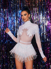 Lorvain Rhinestone Fringe Bodysuit In White