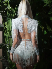 Lorvain Rhinestone Fringe Bodysuit In White