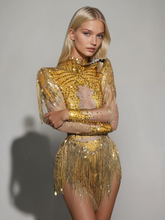 Lorvain Rhinestone Fringe Bodysuit In Gold