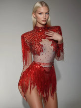 Lorvain Rhinestone Fringe Bodysuit In Red