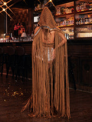 Luxyvar Fringe Knitted Hooded Cover Up In Brown