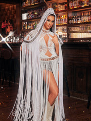 Luxyvar Fringe Knitted Hooded Cover Up In White