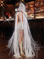 Luxyvar Fringe Knitted Hooded Cover Up In White