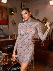 Lyrix Crystal Fringe Mesh Mini Dress