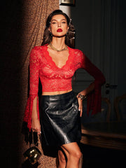 Marcella Trimmed V Neck Crop Lace Top