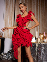 Margie Cutout Ruffle Tiered Dress In Red