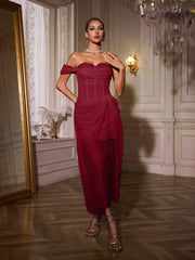 Nachla One Shoulder Lace Split Midi Dress In Wine