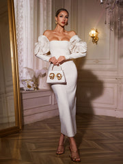 Naida Off Shoulder Flower Bandage Midi Dress In White