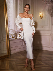 Naida Off Shoulder Flower Bandage Midi Dress In White