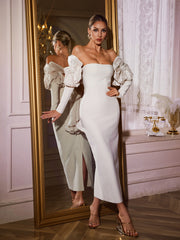 Naida Off Shoulder Flower Bandage Midi Dress In White