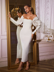 Naida Off Shoulder Flower Bandage Midi Dress In White