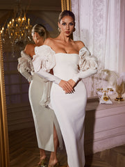 Naida Off Shoulder Flower Bandage Midi Dress In White