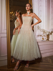 Nakia Strapless Ruched Mesh Midi Dress In Green