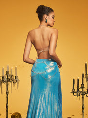 Nazrik Halterneck Butterfly Armor Top In Blue